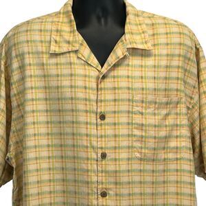Tommy Bahama Silk Plaid Hawaiian Camp Shirt Yellow Button Front Mens XL X-Large
